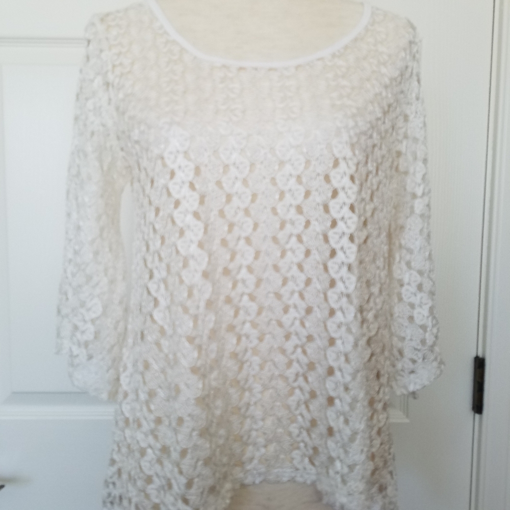 Cupio Ivory Crocheted Bell Sleeve Pullover Top M